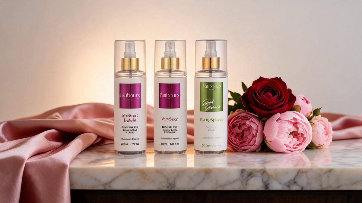 Trio de body splash Barbour's em bancada de mármore com luz dourada
