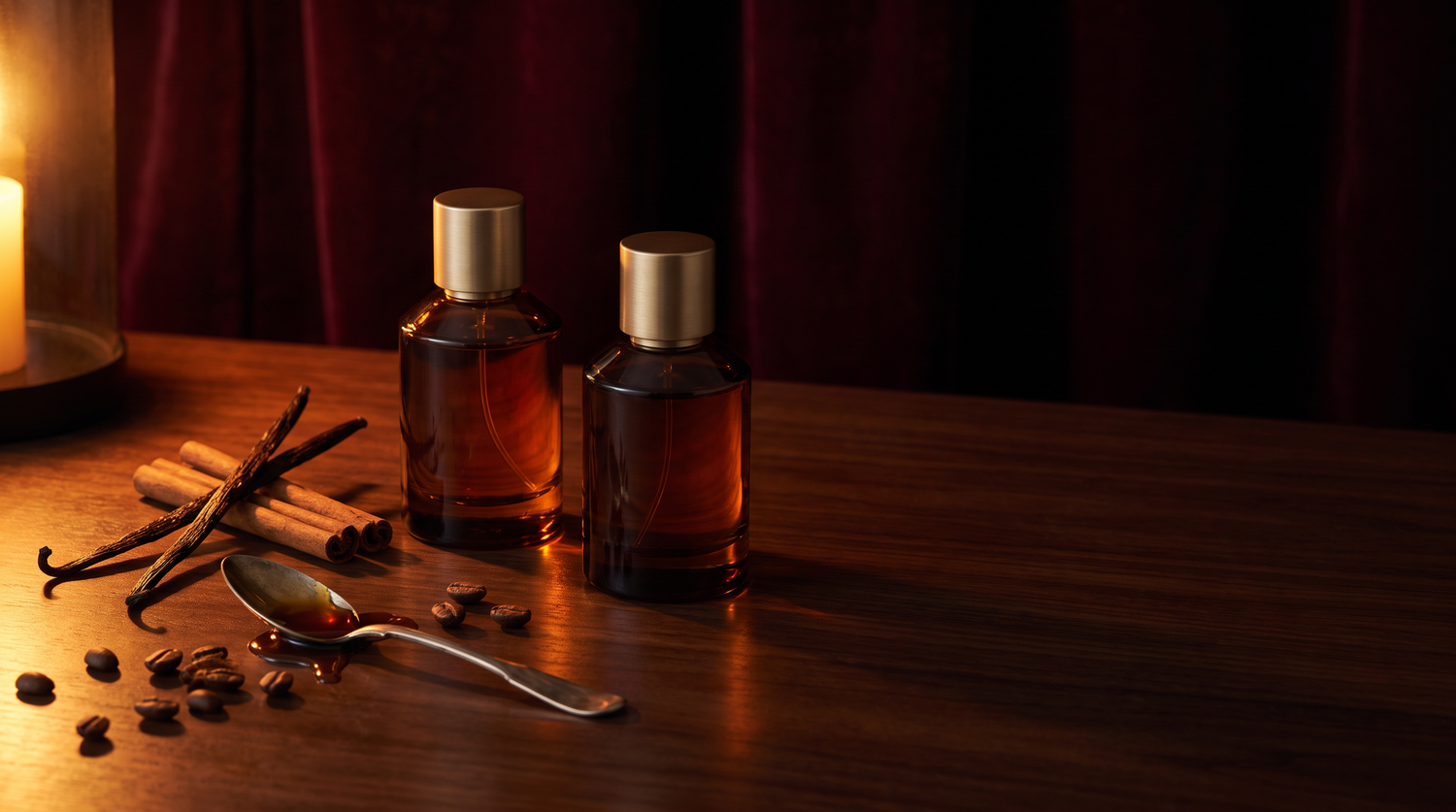 Body splash Alter Ego e Vanilla Rum da Barbour's sobre superfície escura com luz âmbar noturna