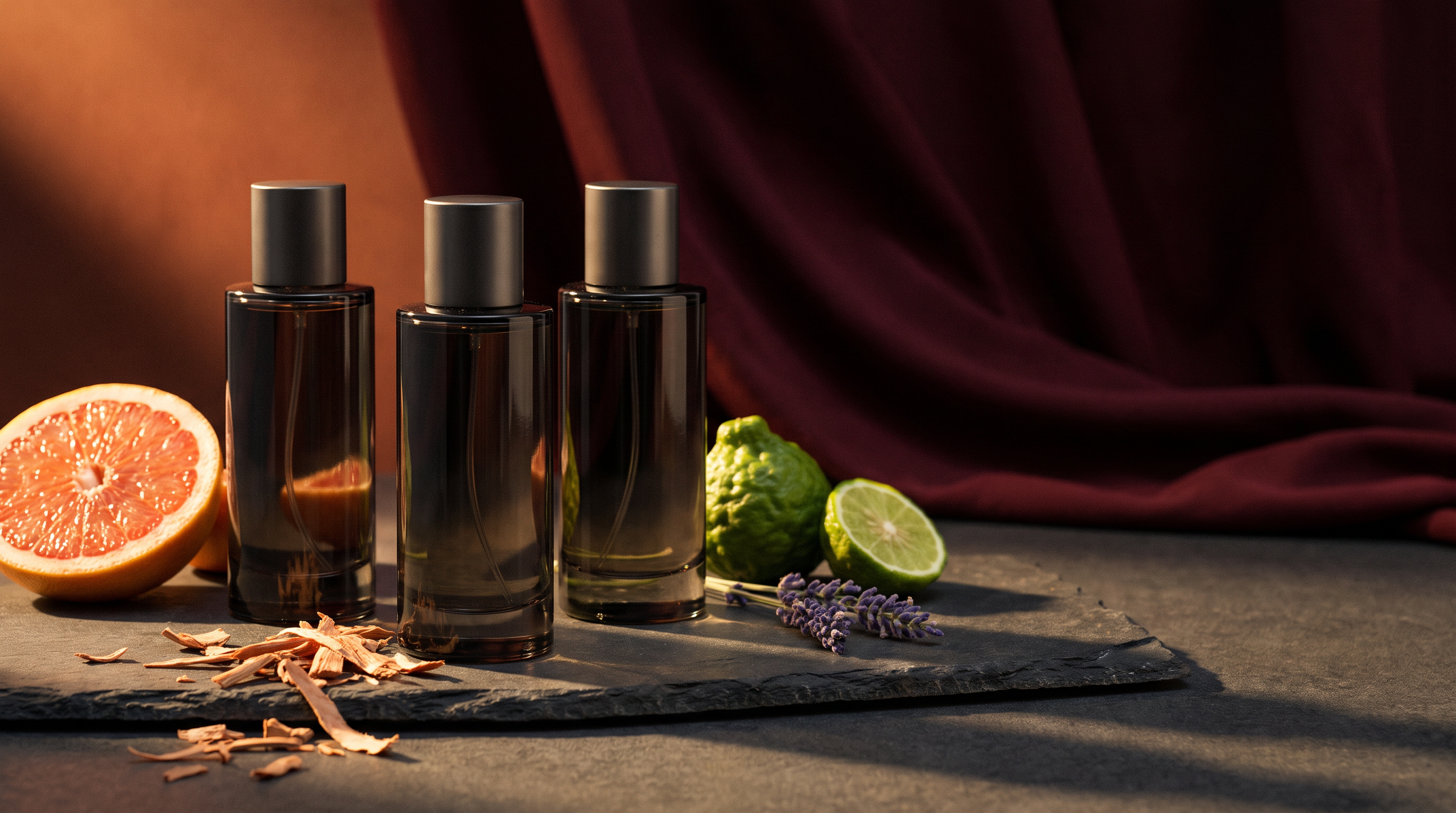 Três frascos da Ligne Homme Barbour's — Bold, Ocean e Seduction — em superfície de pedra escura com luz lateral quente