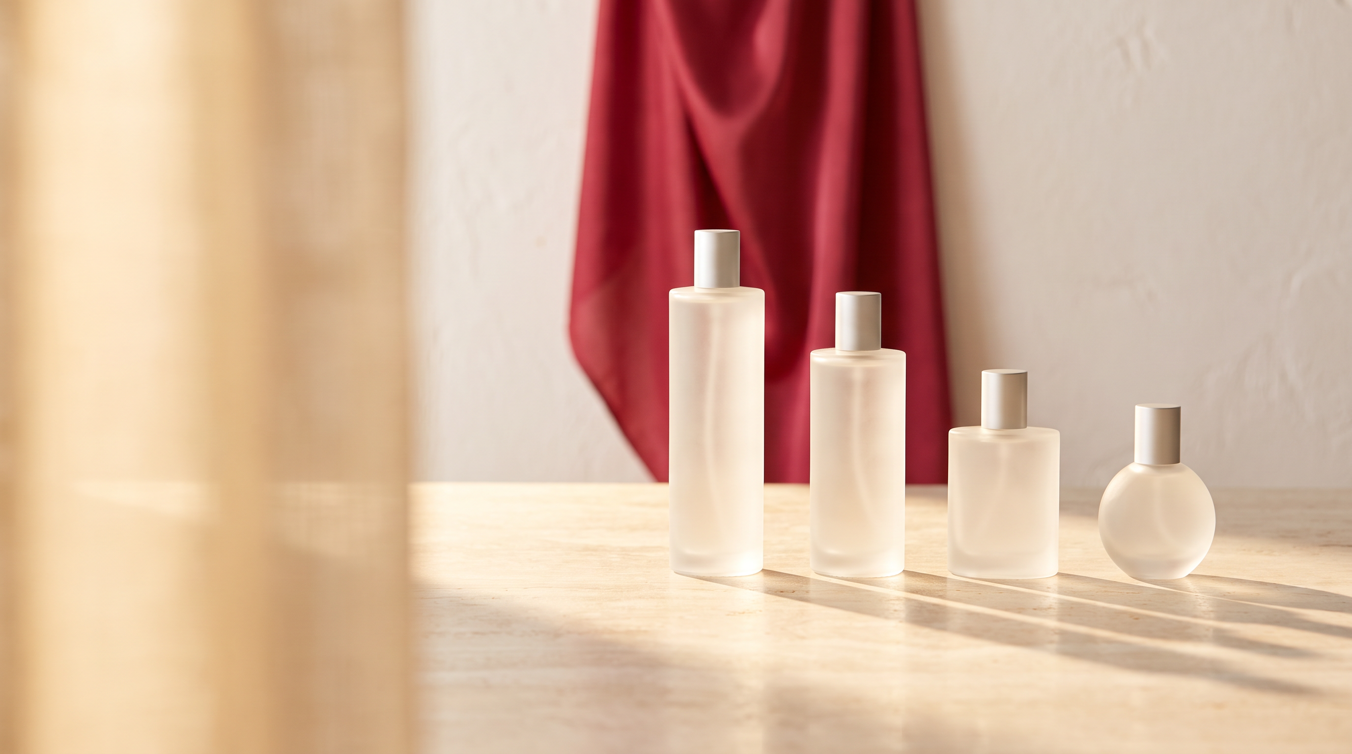 Quatro frascos de fragrância de tamanhos diferentes alinhados sobre mármore claro, do maior ao menor, em luz dourada