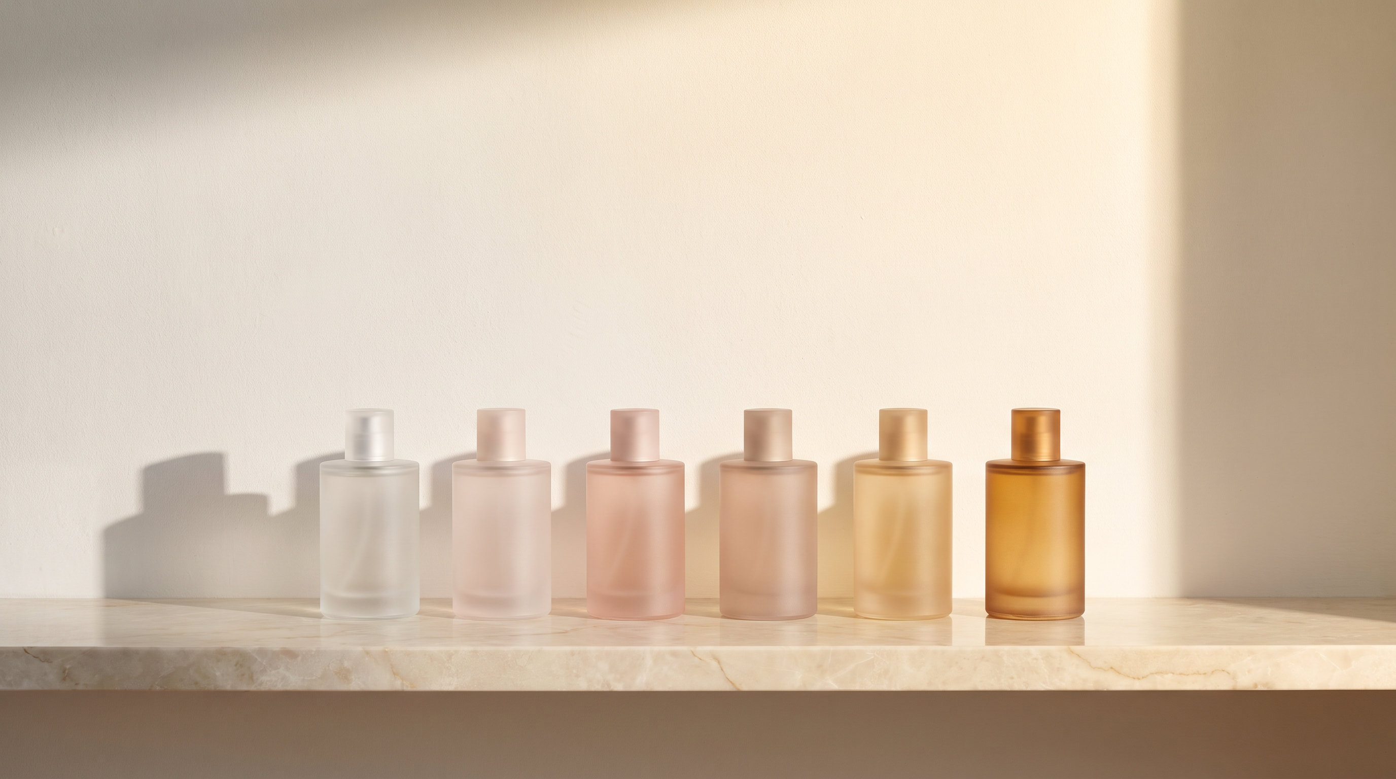Seis frascos de body splash Barbour's alinhados em prateleira de mármore claro formando uma coleção, luz dourada