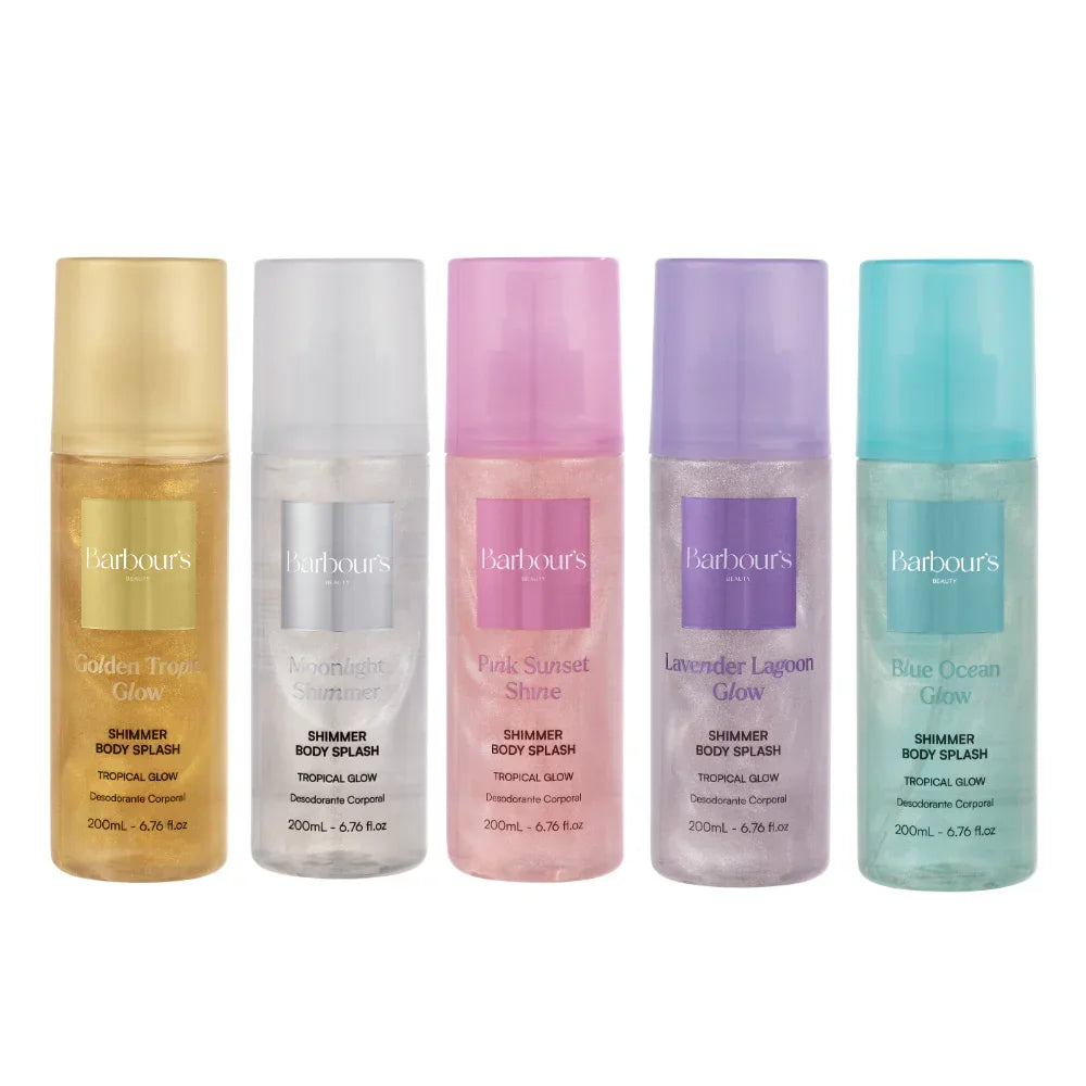 Kit 5 Body Splash Shimmer - Pink Sunset Shine, Blue Ocean Glow, Lavender Lagoon Glow, Moonlight Shimmer e Golden Tropic Glow