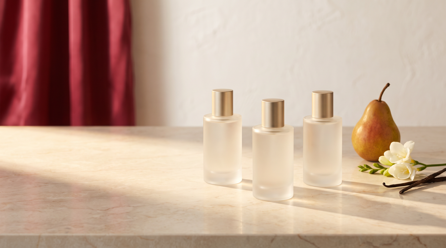 Três frascos de body splash Barbour's Beauty sobre bancada de mármore claro com luz dourada suave