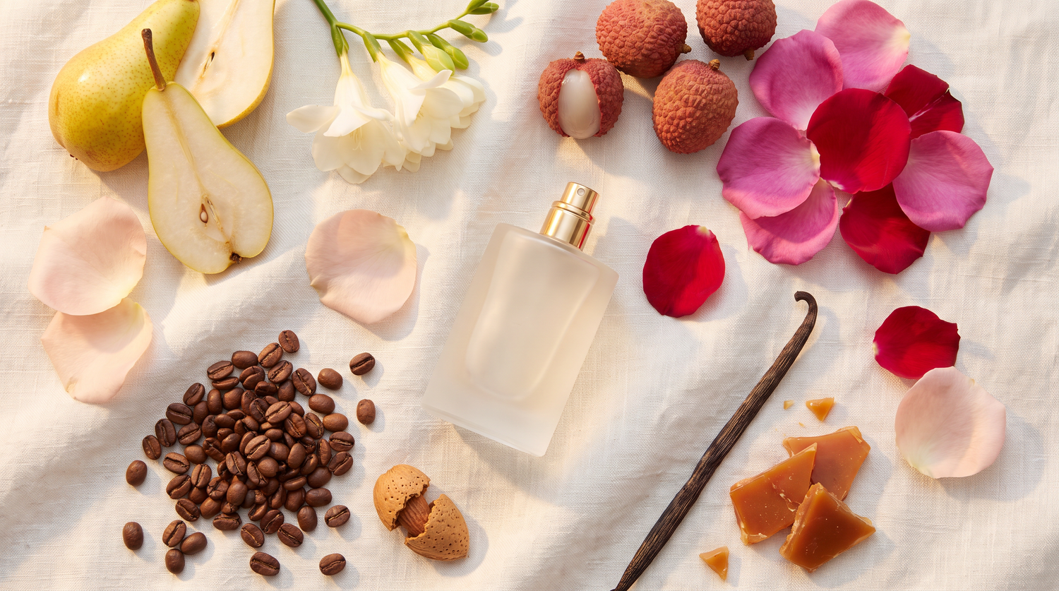 Frascos de body splash Barbour's ao lado de pera, frésia e grãos de café, elementos das notas olfativas, em luz dourada