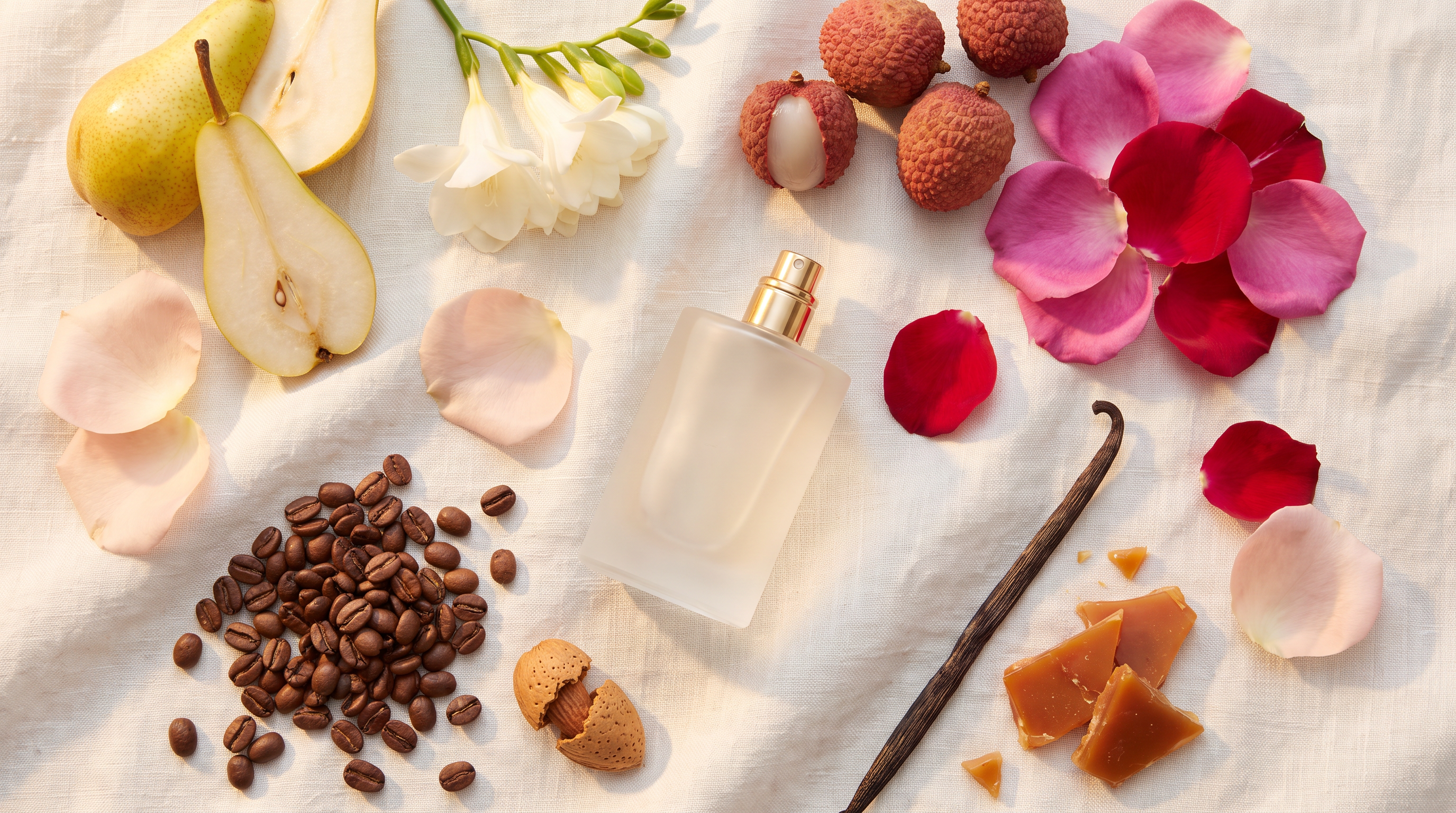 Frascos de body splash Barbour's ao lado de pera, frésia e grãos de café, elementos das notas olfativas, em luz dourada