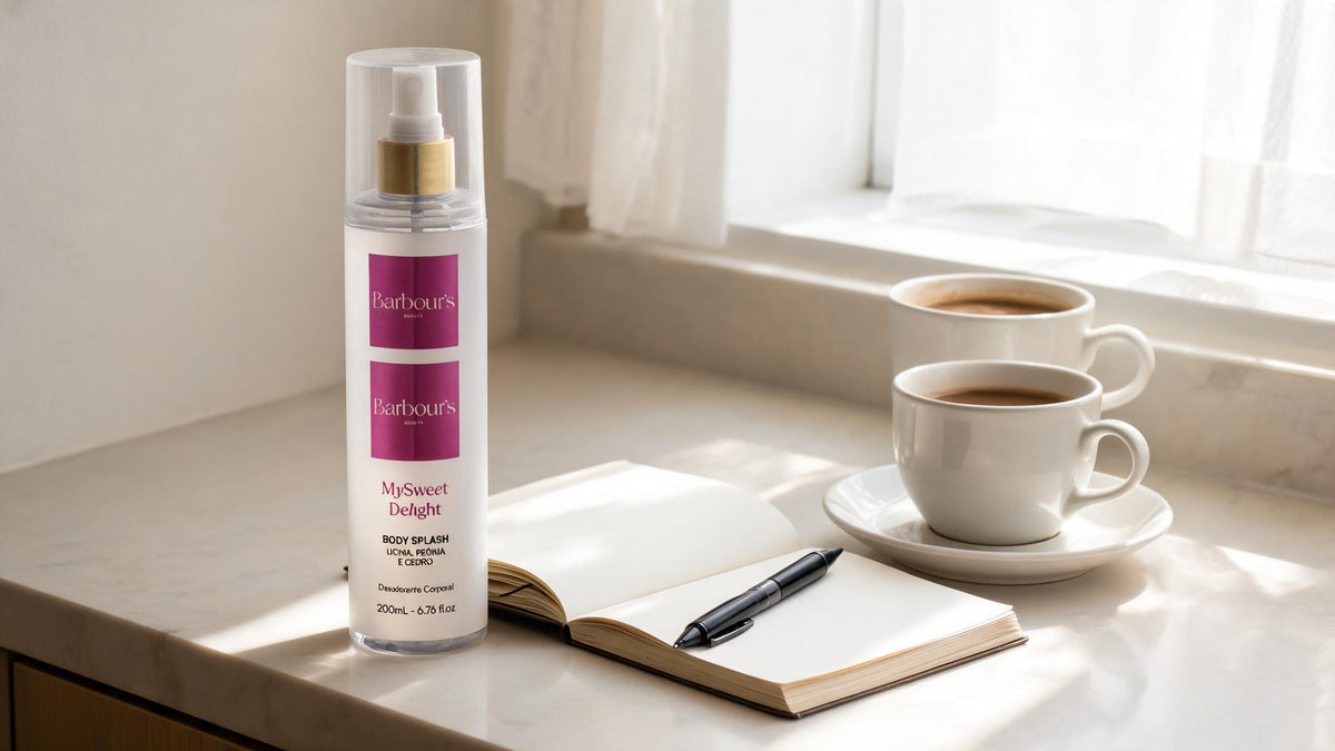 Body splash Barbour's em penteadeira clara de manhã com caderno e café