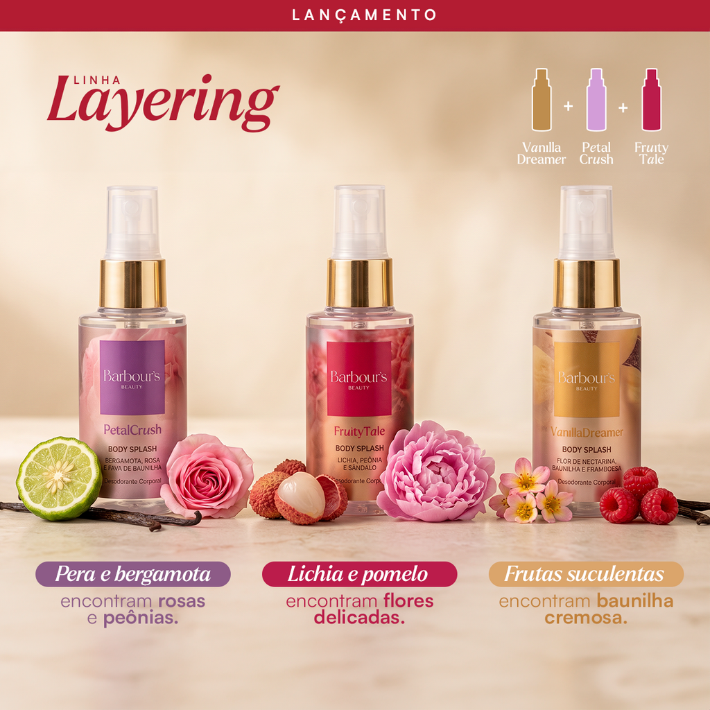 Kit Linha Layering 3 Mini Body Splashes Petal Crush, Vanilla Dreamer e Fruity Tale 55ml cada