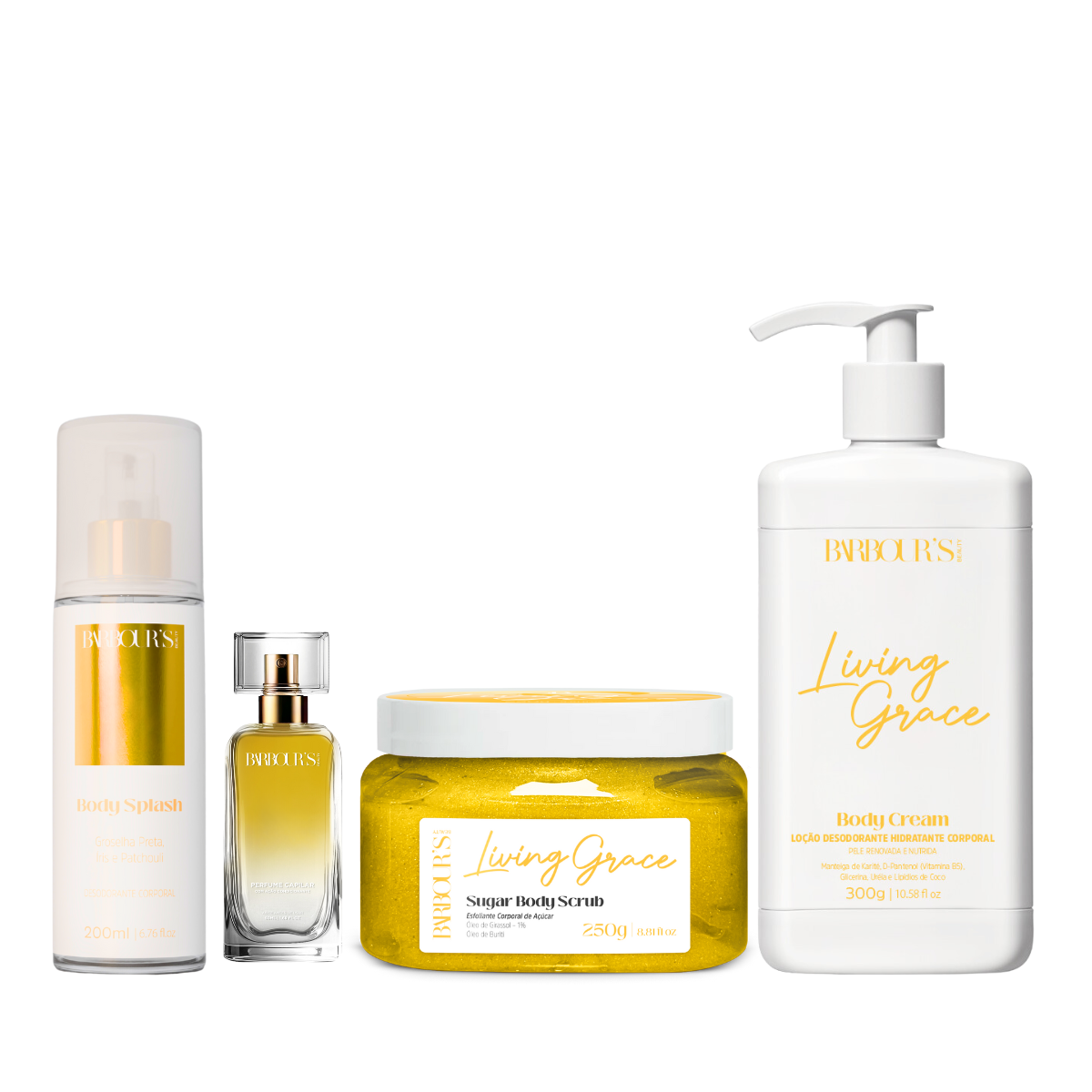 Kit Esfoliante, Body Cream, Body Splash e Perfume Capilar Living Grace