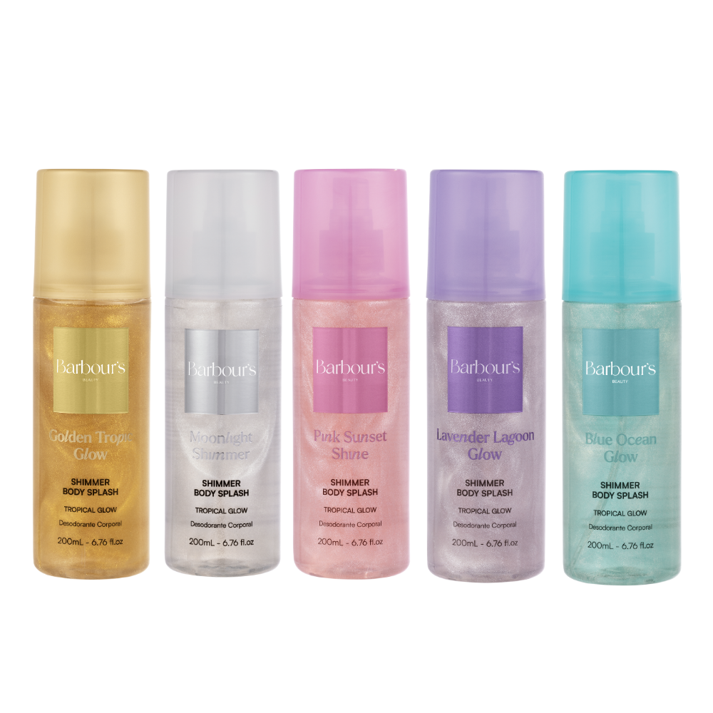 Kit 5 Body Splash Shimmer - Pink Sunset Shine, Blue Ocean Glow, Lavender Lagoon Glow, Moonlight Shimmer e Golden Tropic Glow