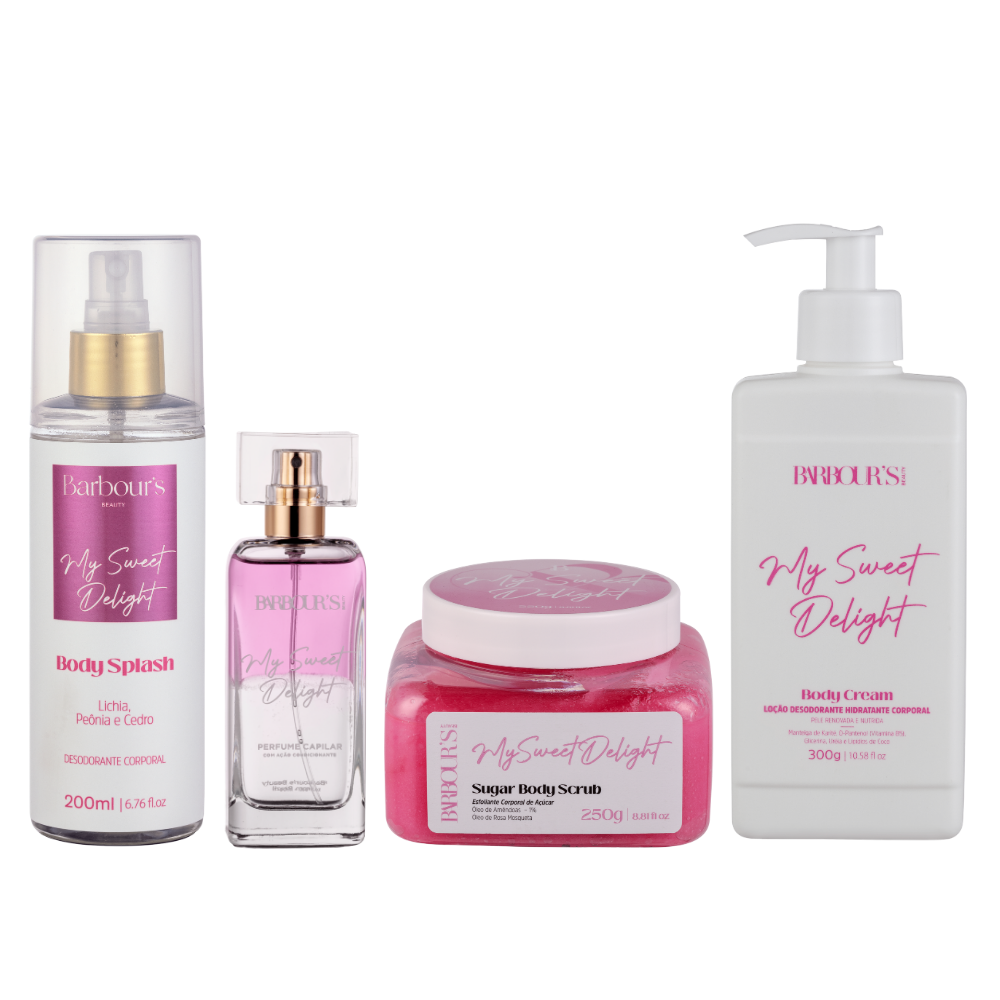 Kit Esfoliante, Body Cream, Body Splash e Perfume Capilar My Sweet Delight