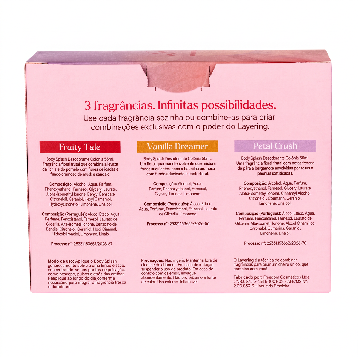 Kit Linha Layering 3 Mini Body Splashes Petal Crush, Vanilla Dreamer e Fruity Tale 55ml cada