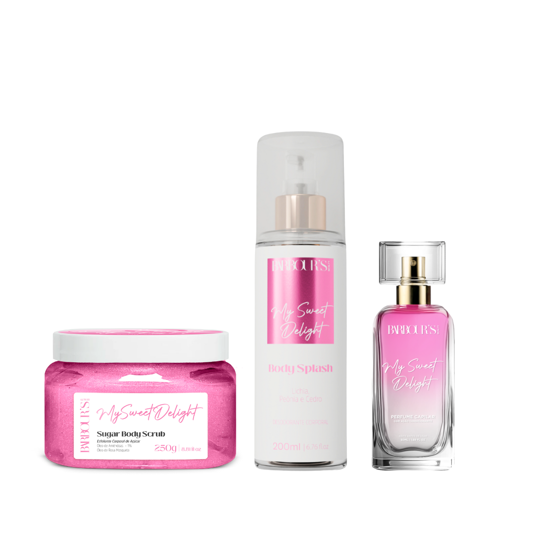 Kit Esfoliante Corporal, Body Splash e Perfume Capilar - My Sweet Delight