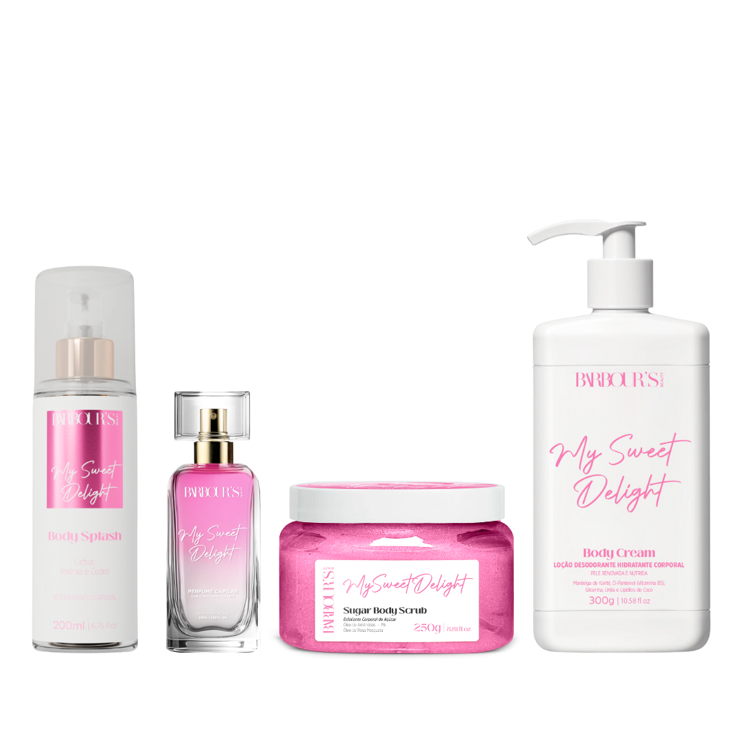 Kit Esfoliante, Body Cream, Body Splash e Perfume Capilar My Sweet Delight