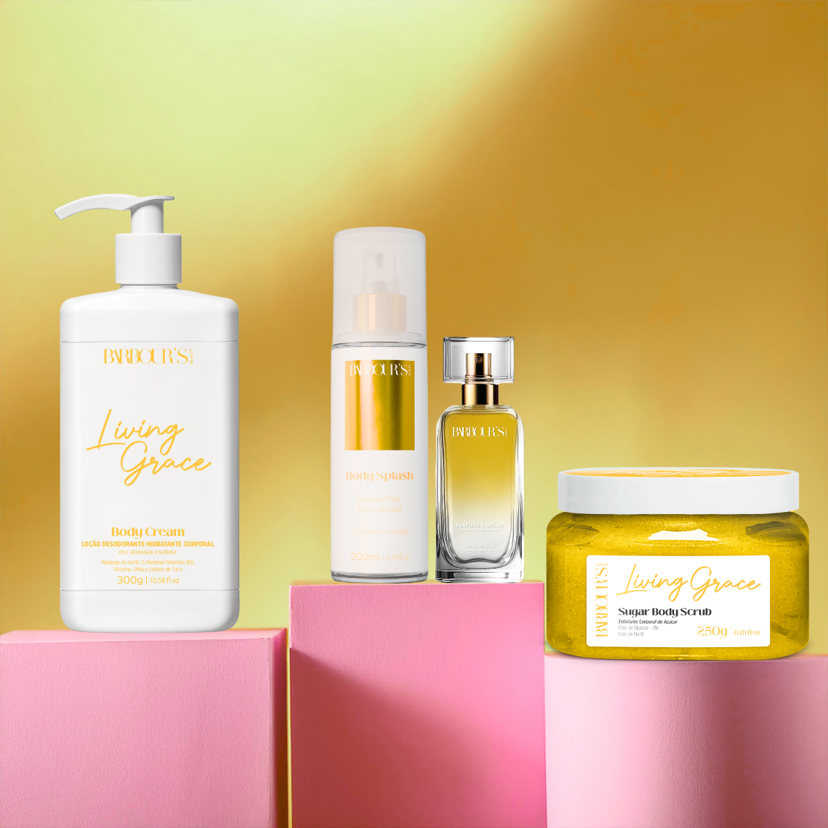 Kit Esfoliante, Body Cream, Body Splash e Perfume Capilar Living Grace